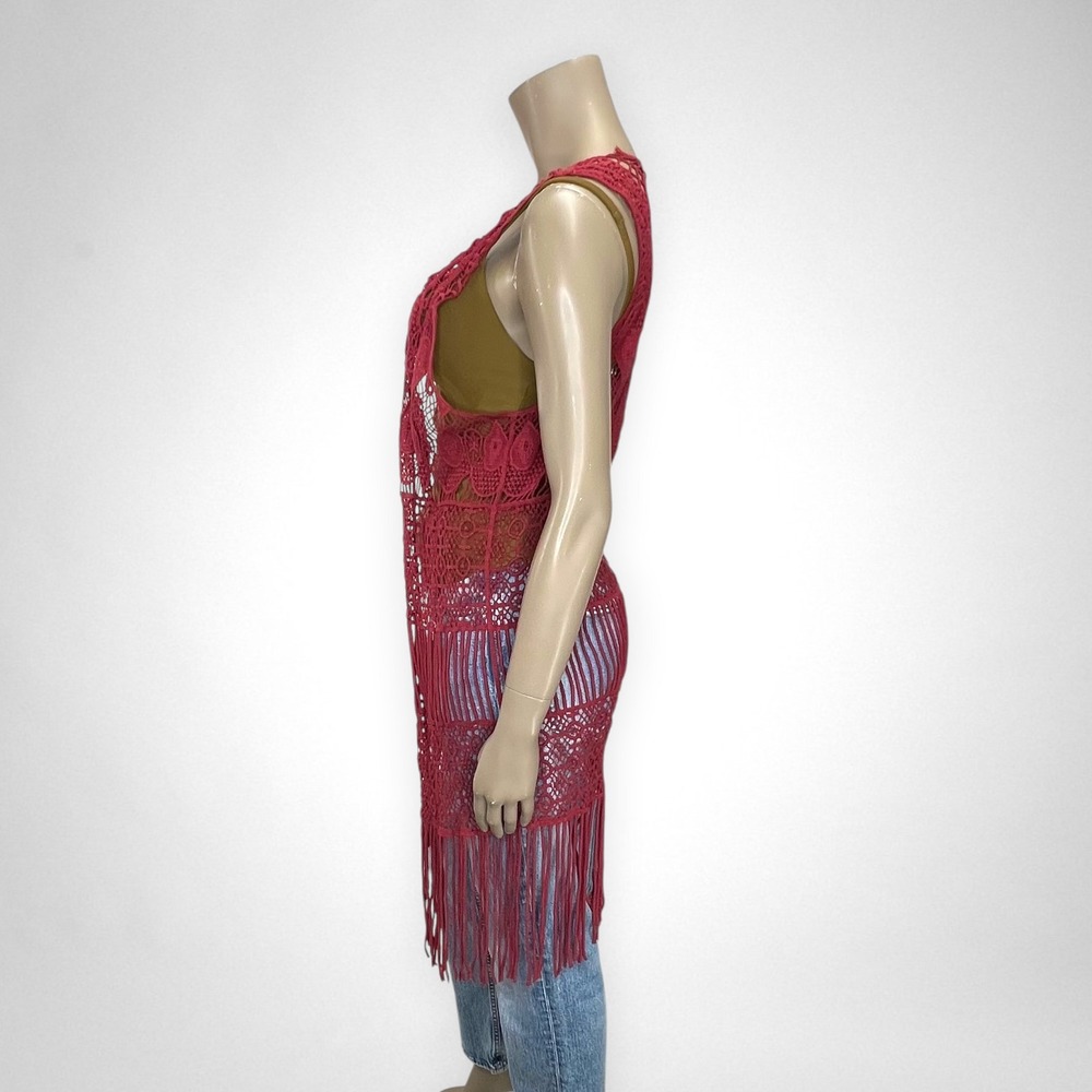 GARAGE Rust Crochet Fringe Duster Vest Boho Open Knit Long Cardigan Festival m/l - Picture 2 of 6